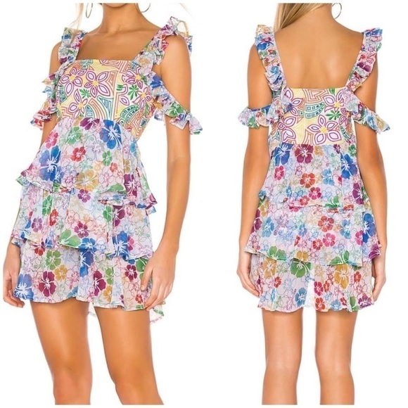 NWT All Things Mochi Ilima Floral Embroidered Mini Dress Tiered Off Shoulder M - Picture 1 of 12